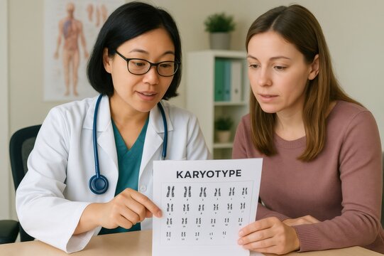Geneticist pointing at a karyotype report while discussing results with a patient in a medical office, highlighting key findings and implications