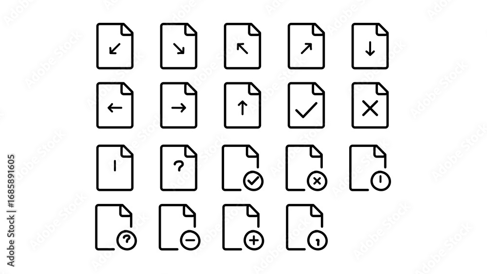 Poster set of document and file icons in a doodle hand-drawn style. includes symbols like arrows, check, cr