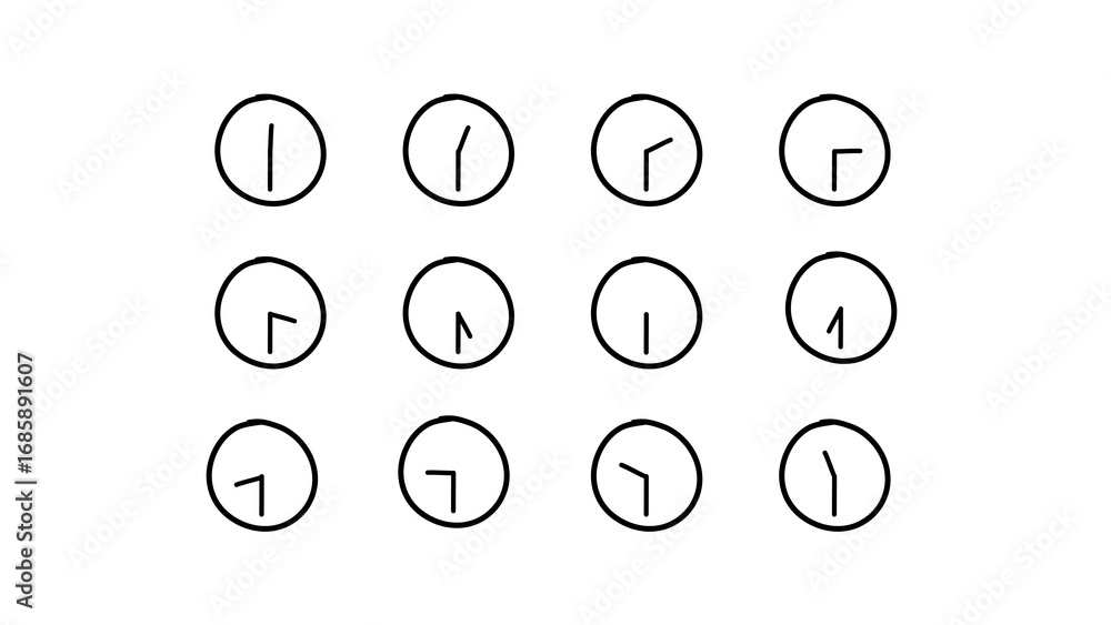 Aufkleber set of twelve clock icons in a doodle hand-drawing sketch style. collection of simple time symbols s