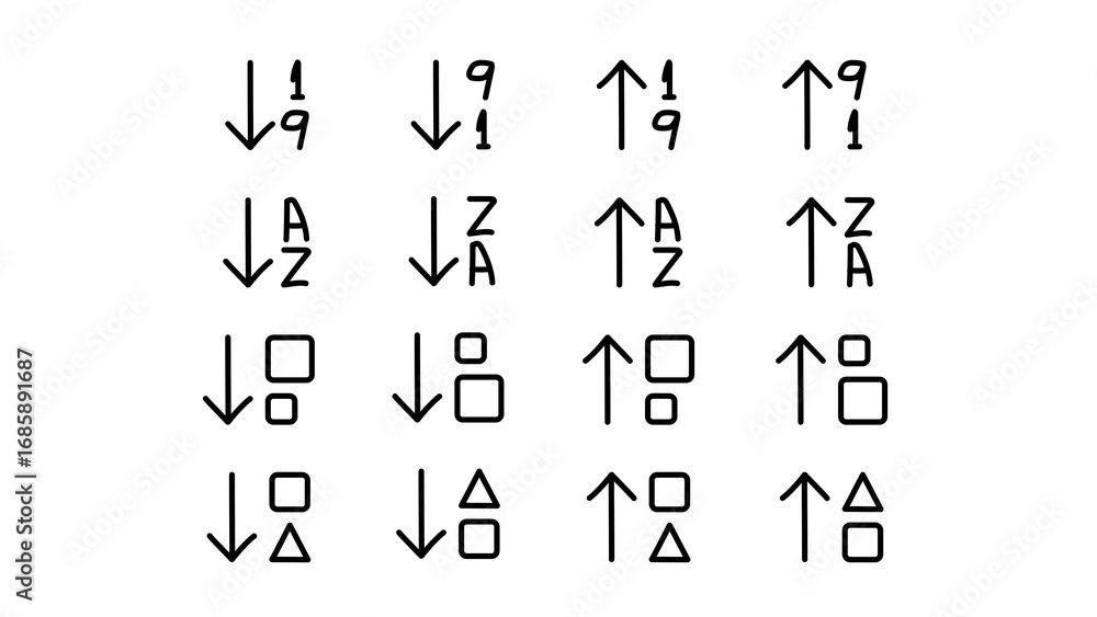Aufkleber set of sorting and filtering icons including ascending and descending order by number, letter, and s