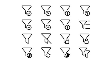 Filter and funnel doodle hand drawing icon collection with plus, minus, lock, and security symbols. Line art sketch for data sorting and web interface design. Isolated on transparent background.