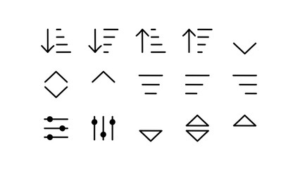 Set of user interface icons including sort, filter, menu, up and down arrows, and chevron. Doodle hand drawing sketch style elements for web and app design on a transparent background.