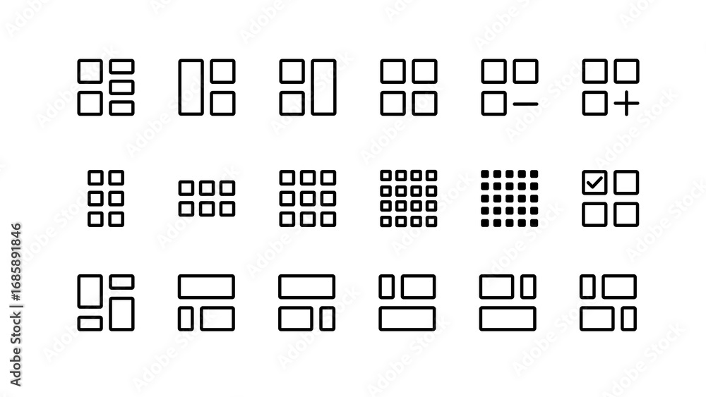 Aufkleber set of layout and grid icons in a doodle hand-drawn sketch style. includes menu, list, view, add, re