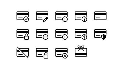 Set of credit card icons for finance and payment in a doodle hand-drawn style. Includes symbols for approved, secure, locked, gift card, add, and remove. Isolated on a transparent background.