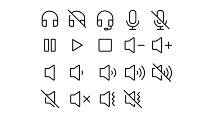Set of audio and media player control icons in a doodle hand drawing style. Includes headphones, headset, microphone, mute, play, pause, stop, and volume speaker symbols. Transparent background.