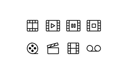 Set of video and cinema icons in a doodle hand drawing style. Includes film strip, play, pause, stop buttons, film reel, and clapperboard symbols. Isolated illustration on transparent background.