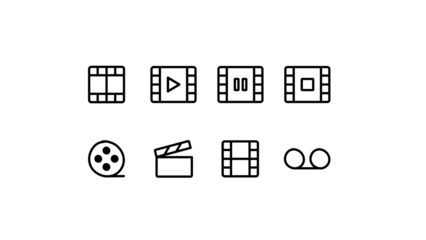 Set of video and cinema icons in a doodle hand drawing style. Includes film strip, play, pause, stop buttons, film reel, and clapperboard symbols. Isolated illustration on transparent background.
