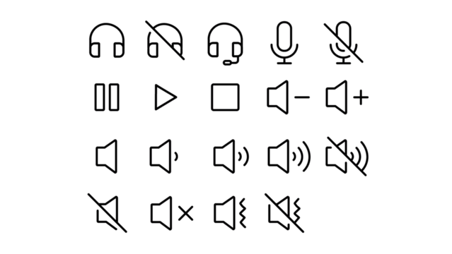Set of audio and media player control icons in a doodle hand drawing style. Includes headphones, headset, microphone, mute, play, pause, stop, and volume speaker symbols. Transparent background.
