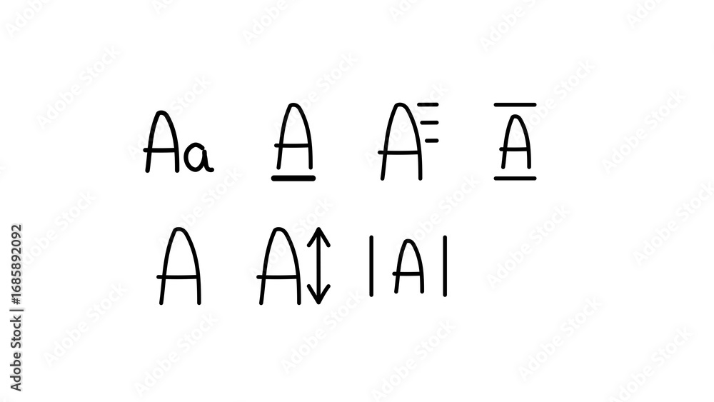 Poster set of various text formatting icons in a doodle hand-drawn style. includes font case, underline, st