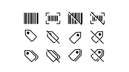 Set of barcode, scanner, and price tag icons in a doodle hand-drawn sketch style. Collection includes active, scanned, disabled, and prohibited versions. Isolated graphic elements with transparent bac