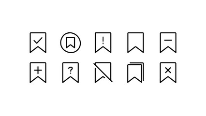 Set of hand-drawn bookmark icons in a doodle sketch style. Includes save, check, alert, plus, minus, question, and cross symbols. Isolated graphic elements with transparent background.
