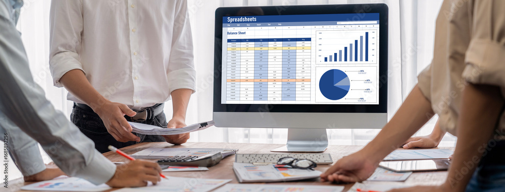 Poster spreadsheet document information financial startup concept. data and graphs in spreadsheet documents