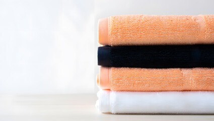 Stack of folded towels isolated on white background, including orange, black, and white colors