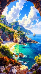 Coastal scenery through cave opening