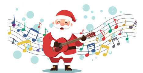 Santa Claus playing guitar surrounded by colorful musical notes festive holiday vector illustration
