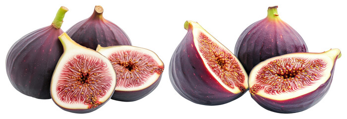 PNG Whole and halved figs with vibrant purple skin and red flesh element set on transparent background.
