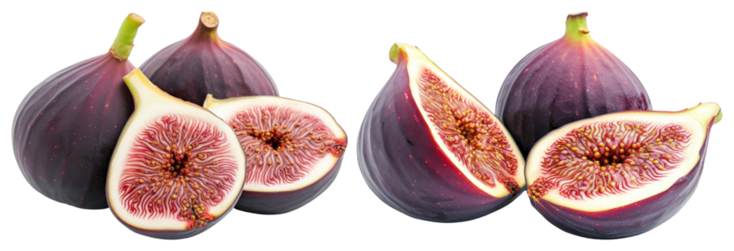 PNG Whole and halved figs with vibrant purple skin and red flesh element set on transparent background.