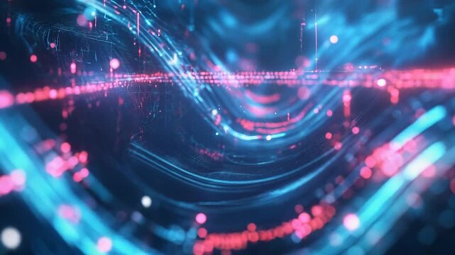 Digital wave flowing through cyberspace with binary code and data visualization