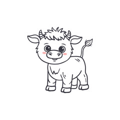 Cute cartoon bull isolated on white background. Adorable farm animal in doodle style for children's coloring, worksheet, educational design and activity pages. Vector illustration 