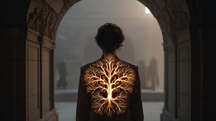 Woman's back with radiant tree-like pattern, arched entrance, blurry figures
