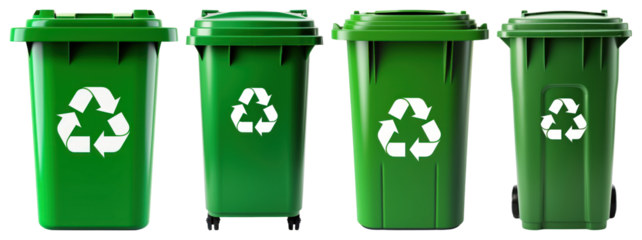 PNG Four green recycling bins with white recycle symbols element set on transparent background.