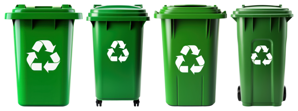 PNG Four green recycling bins with white recycle symbols element set on transparent background.