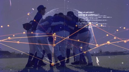 Women baseball players linking arms and launching glowing globe illustrating network connectivity - Powered by Adobe