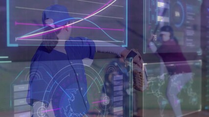 Coach shifting and pointing at holographic charts in sports lab, tossing toward batter for training - Powered by Adobe