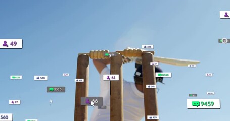 Batsman batting as ball entering causing sports overlays updating engagement, breaking stumps