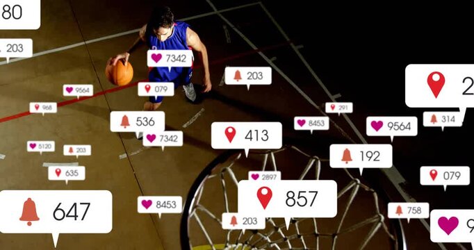 Basketball player dribbling at arc showing social icons raising counts in tech demo before dunking