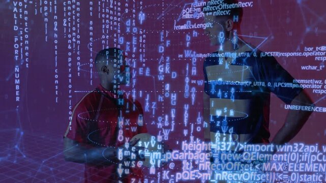 Digital overlay emerging around athletes adjusting rugby ball grip and visualizing sports data - Powered by Adobe