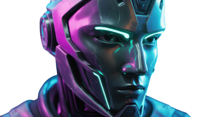 Closeup portrait of a futuristic cyborg head with glowing neon accents, isolated on transparent background