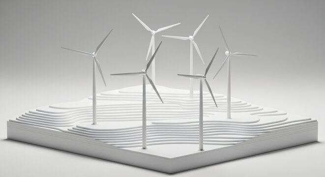 Stylized, abstract representation of wind turbines positioned across different levels of a tiered structure that resembles a topographical model.