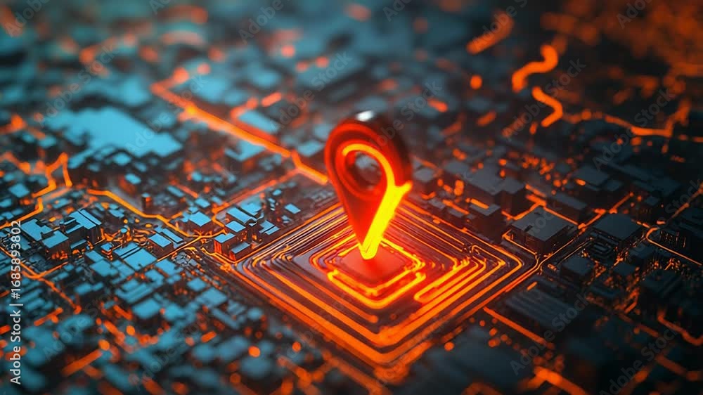 Poster glowing location pin showing global positioning system on circuit board