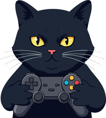 Obraz premium Black cat holding game controller playing video games with yellow eyes and pink nose vector illustration