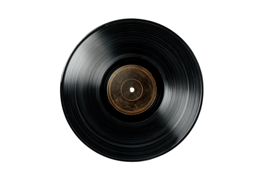 Close-up of a black vinyl record with a vintage, textured center