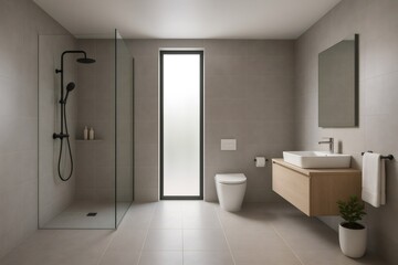 Contemporary bathroom showcasing minimalist design with gray tiles, a glass shower, a modern toilet, a floating vanity, and a large mirror