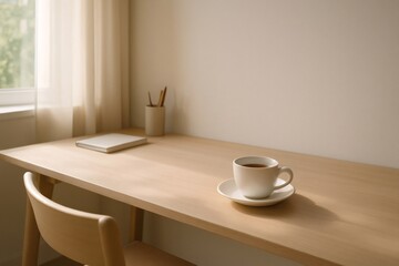 Minimalist workspace with a cup of tea, notebook, and pencils, bathed in natural light from a nearby window