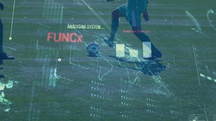 Soccer player dribbling ball on sunlit pitch activating analytics with world map data panels fading - Powered by Adobe
