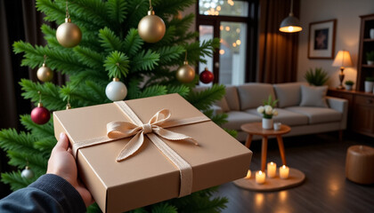 Gift box with ribbon in festive living room with Christmas tree, holiday celebration and gifting season
