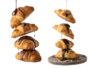 Stack of flaky croissants levitating with dripping chocolate isolated on transparent background