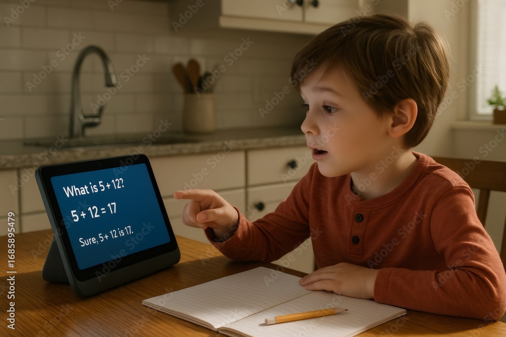 Poster elementary school child learning arithmetic with digital assistant on smart screen, embracing techno