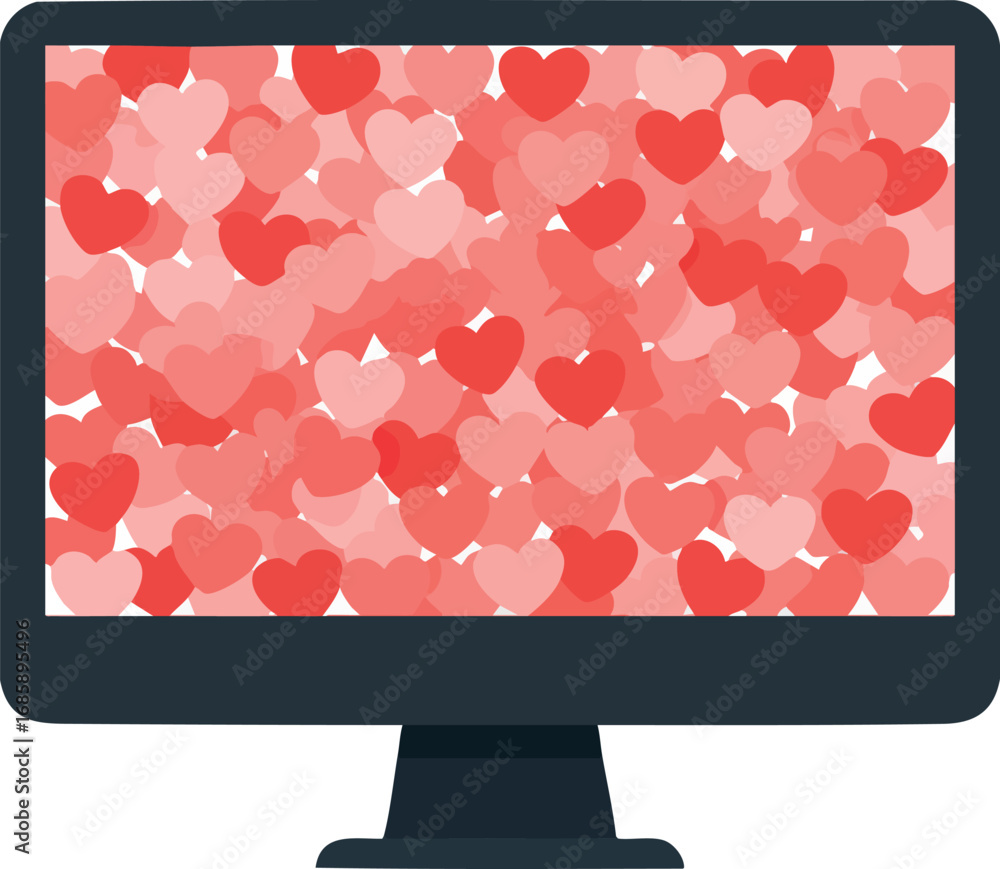 Poster computer monitor with red and pink heart shapes symbolizing love and affection on screen vector illu