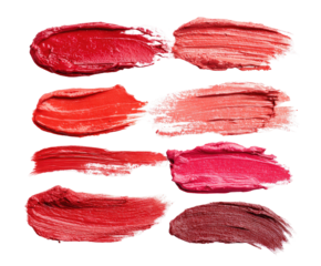 Close-up of various lipstick swatches.  Different shades of red, from light pink to deep burgundy, are displayed.  Each swatch is a textured, smudged stroke, set against a black background