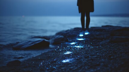 Glowing footsteps lead away from viewer by the dark shore at twilight