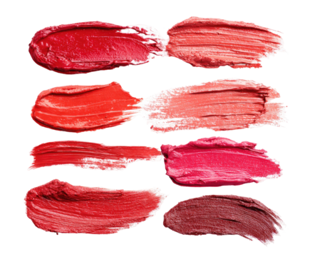 Close-up of various lipstick swatches.  Different shades of red, from light pink to deep burgundy, are displayed.  Each swatch is a textured, smudged stroke, set against a black background