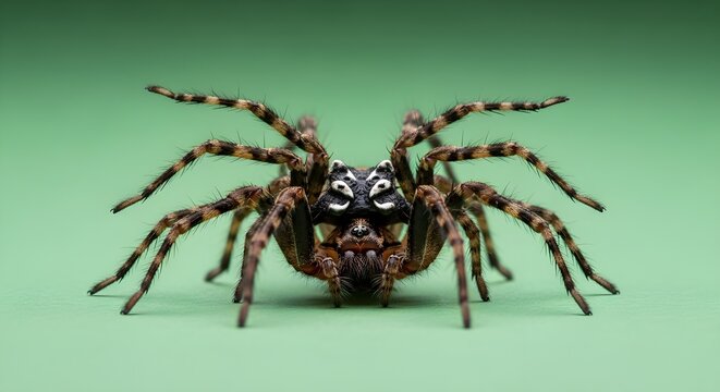 Close up detailed macro view of a hairy brown spider with striped legs on a green