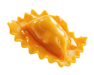 Obraz premium Close-up of a golden-yellow pasta filled with a smooth, orange-yellow filling. Its ruffled edges and glossy surface suggest freshness and preparation