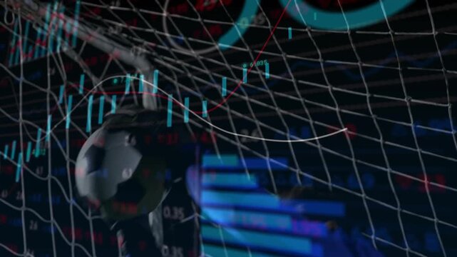 Goalkeeper boot and glove striking soccer ball into net, causing financial charts surging upward