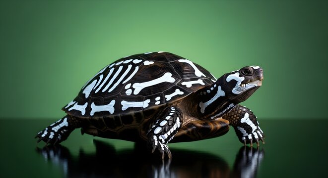 Tortoise with unique skeleton pattern markings on shell and skin studio lighting